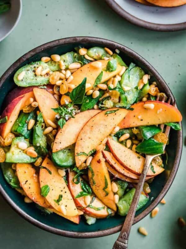 bowl of cucumber peach salad.