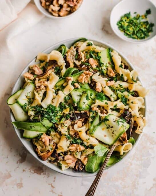 roasted eggplant and zucchini pasta in bowl.