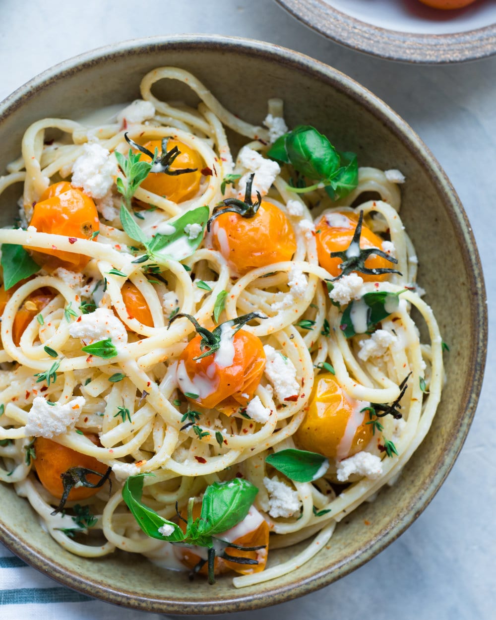 Creamy Vegan Fettuccine Alfredo with Roasted Cherry Tomatoes