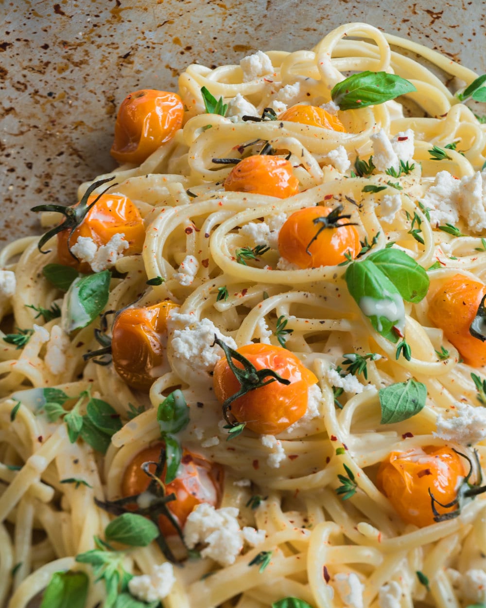 Vegan Fettuccine Alfredo with Roasted Tomatoes