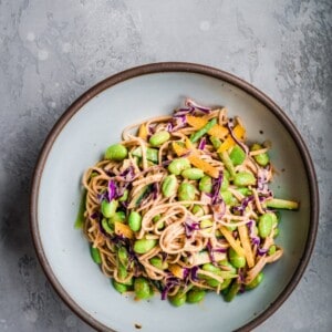 Sesame-Ginger Rainbow Noodle Salad in a bowl.