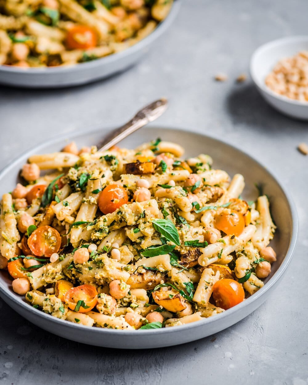 Creamy Brazil Nut Pesto Pasta with Roasted Courgette, Peas