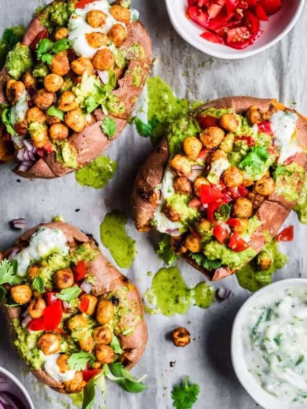tandoori chickpea stuffed sweet potatoes