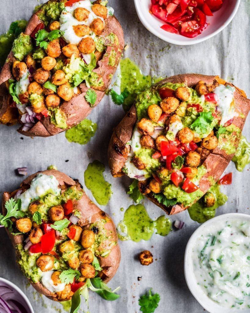 tandoori chickpea stuffed sweet potatoes