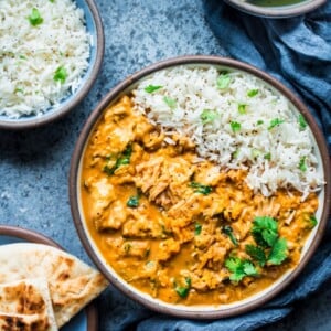 jackfruit sweet potato curry in a bowl with rice