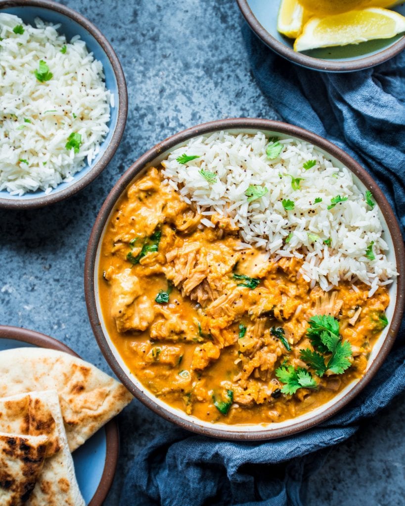 jackfruit sweet potato curry in a bowl with rice