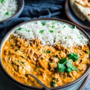 jackfruit curry with white rice in bowl