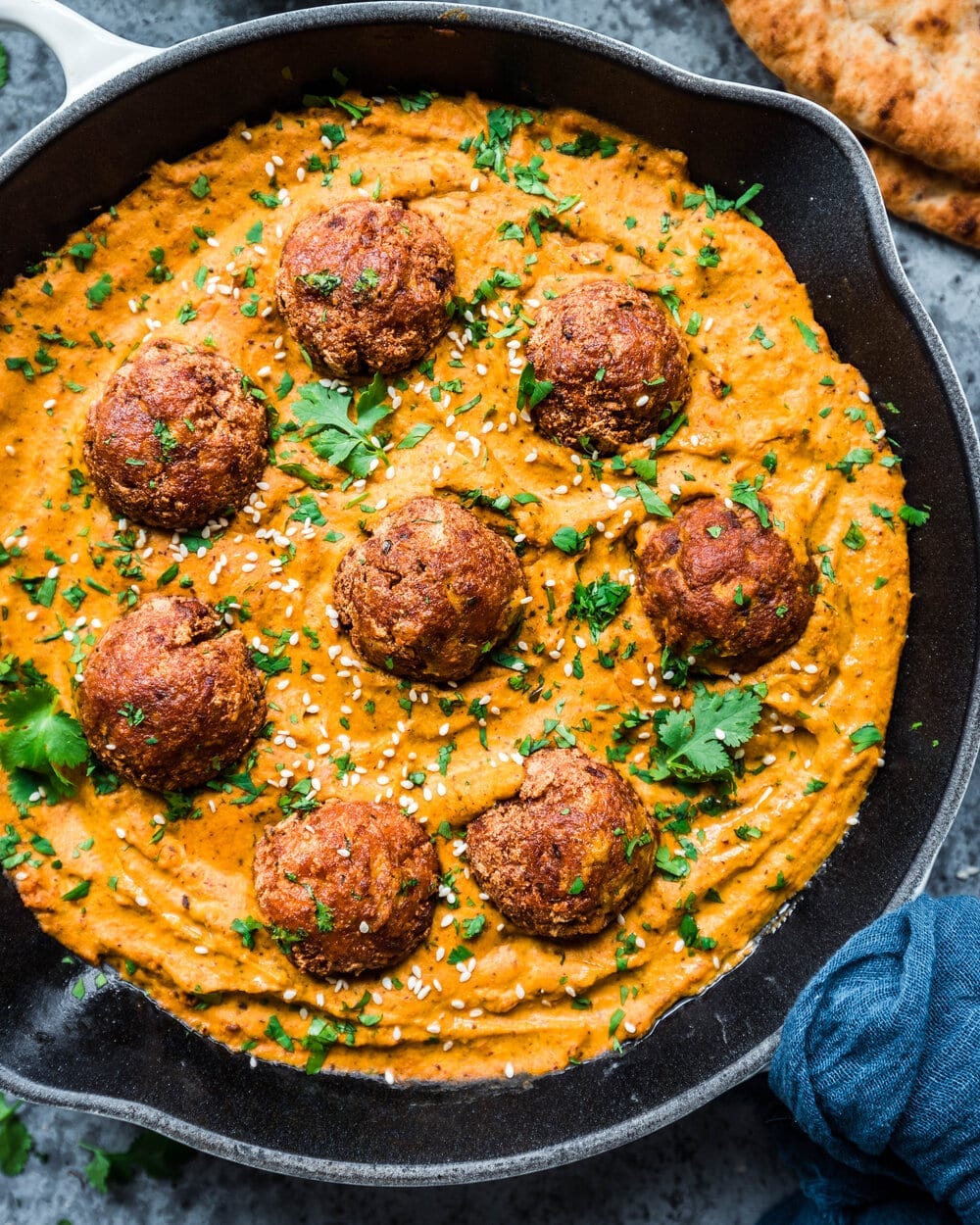 vegan kofta in cast iron skillet.