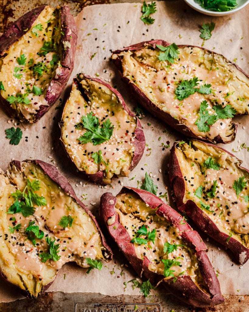 Baked Japanese Sweet Potatoes with Miso Tahini Butter - Rainbow Plant Life