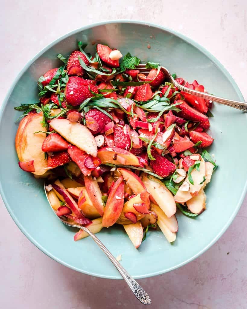 rhubarb salad in w boal after being mixed.