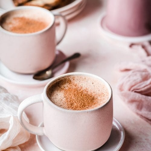 Creamy Vegan Protein Mocha Latte on a table.