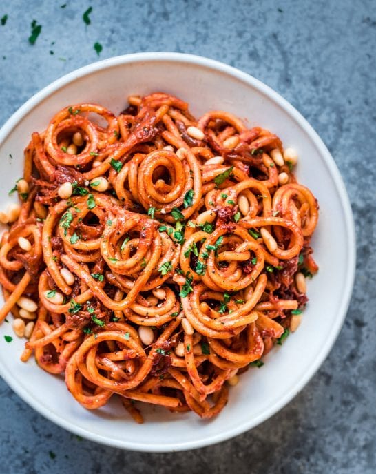 bowl of vegan caramelized onion pasta