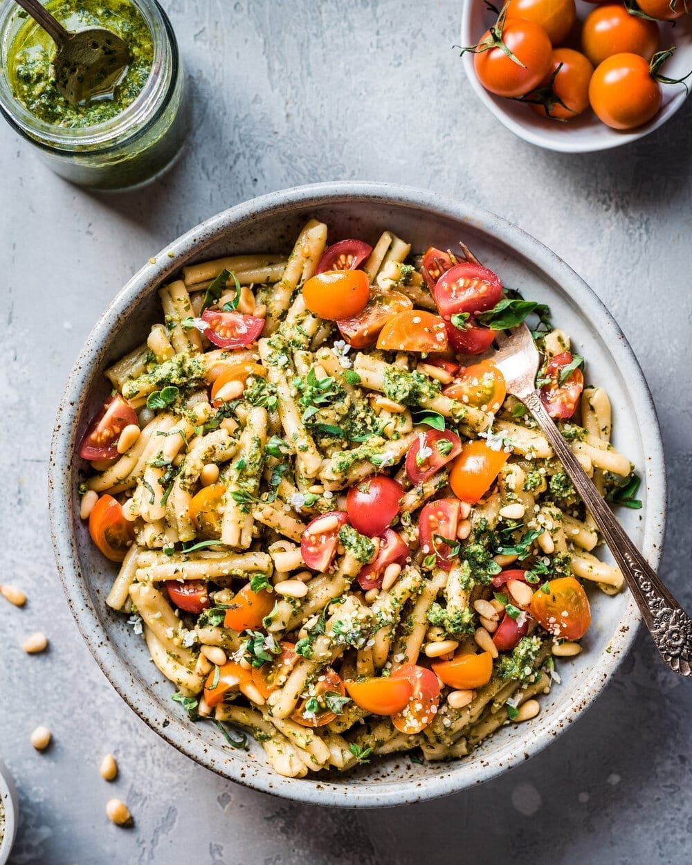 Vegan Basil Pesto with pasta and cherry tomatoes