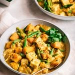 pumpkin curry with tofu in a bowl.
