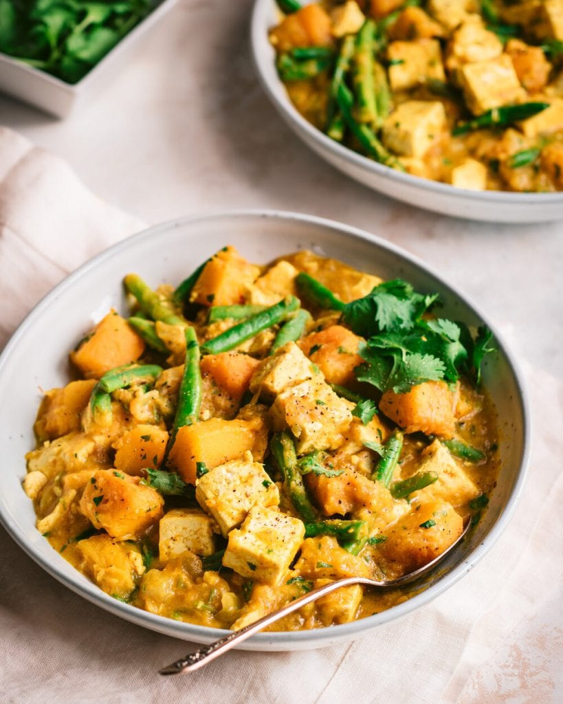 pumpkin curry with tofu in a bowl