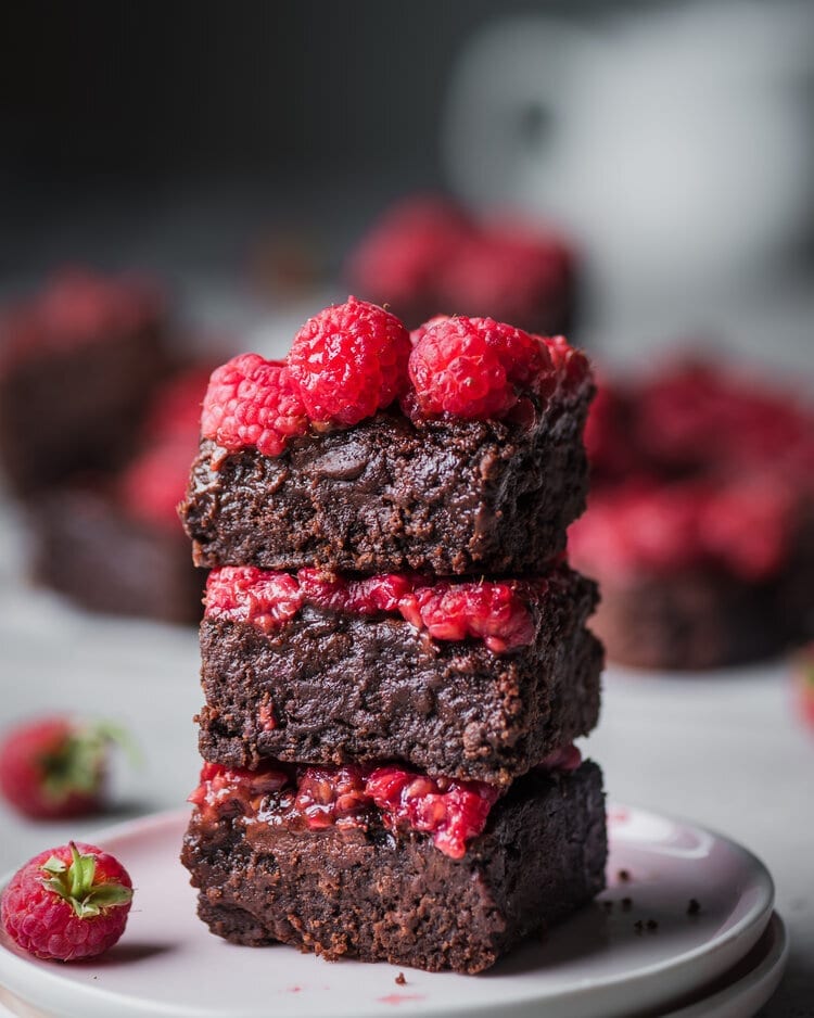 fudgy chocolate glazed brownies with raspberries