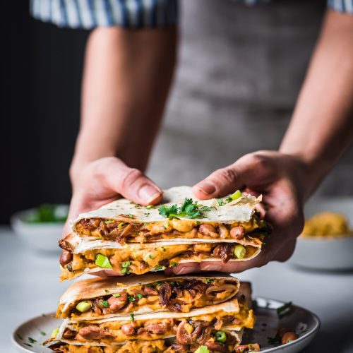 Vegan Quesadillas with Smoky Cheese and Refried Beans