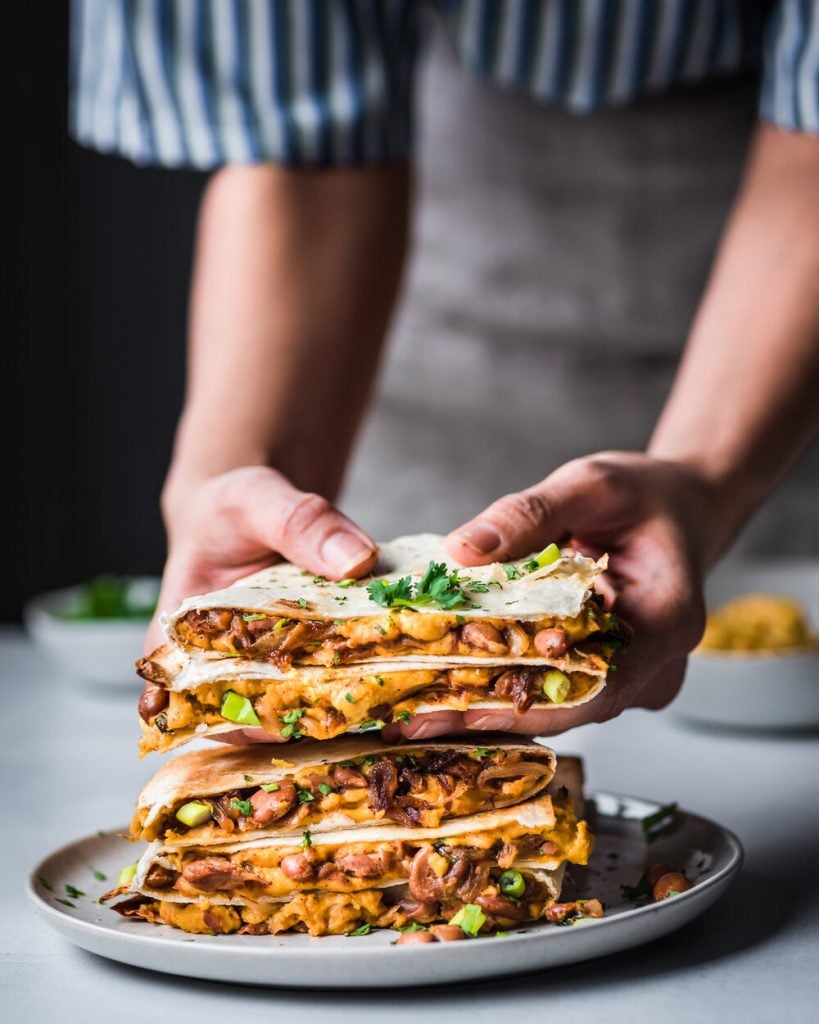 Vegan Quesadillas with Smoky Cheese and Refried Beans