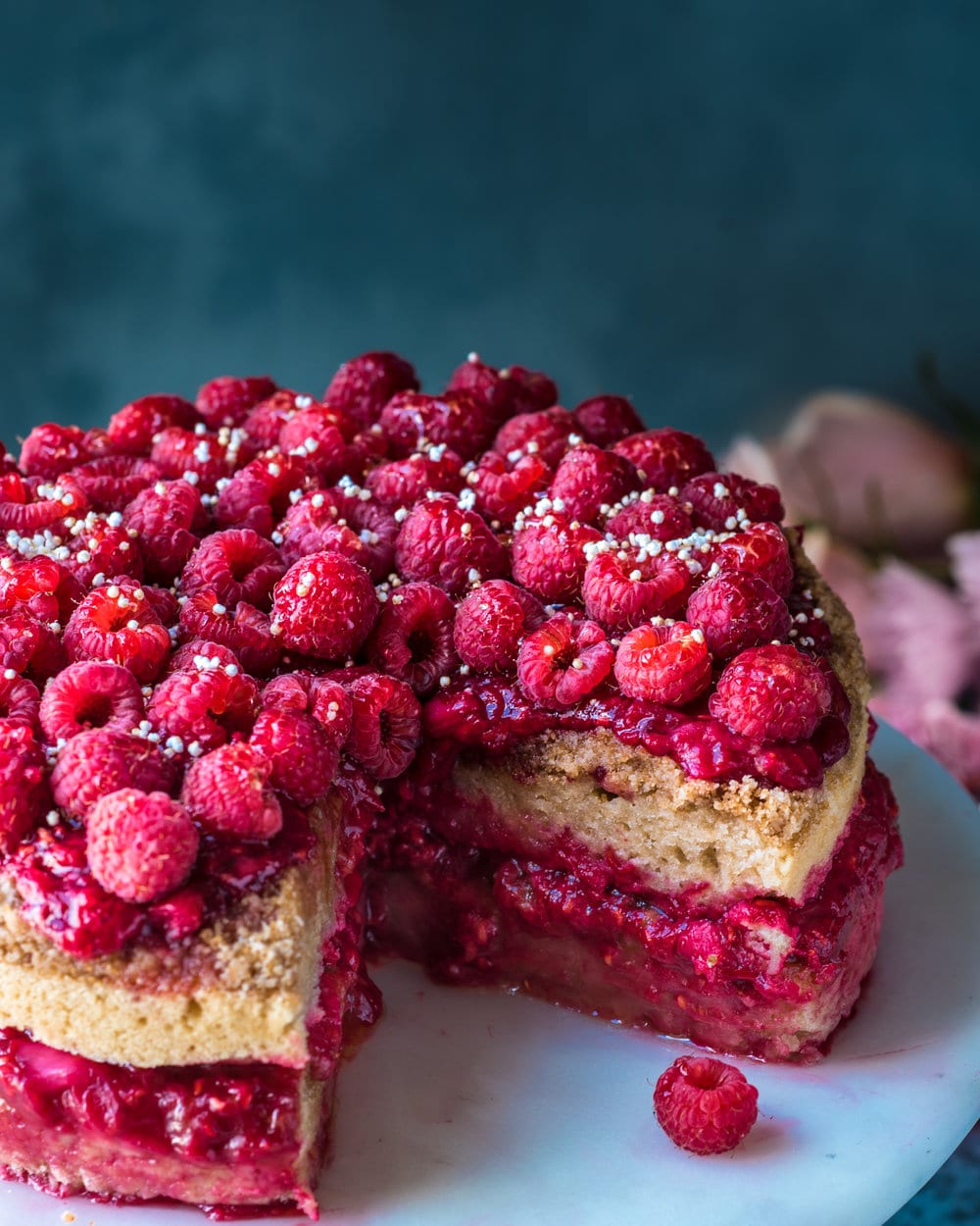 Vegan Raspberry Rhubarb Crumble Cake