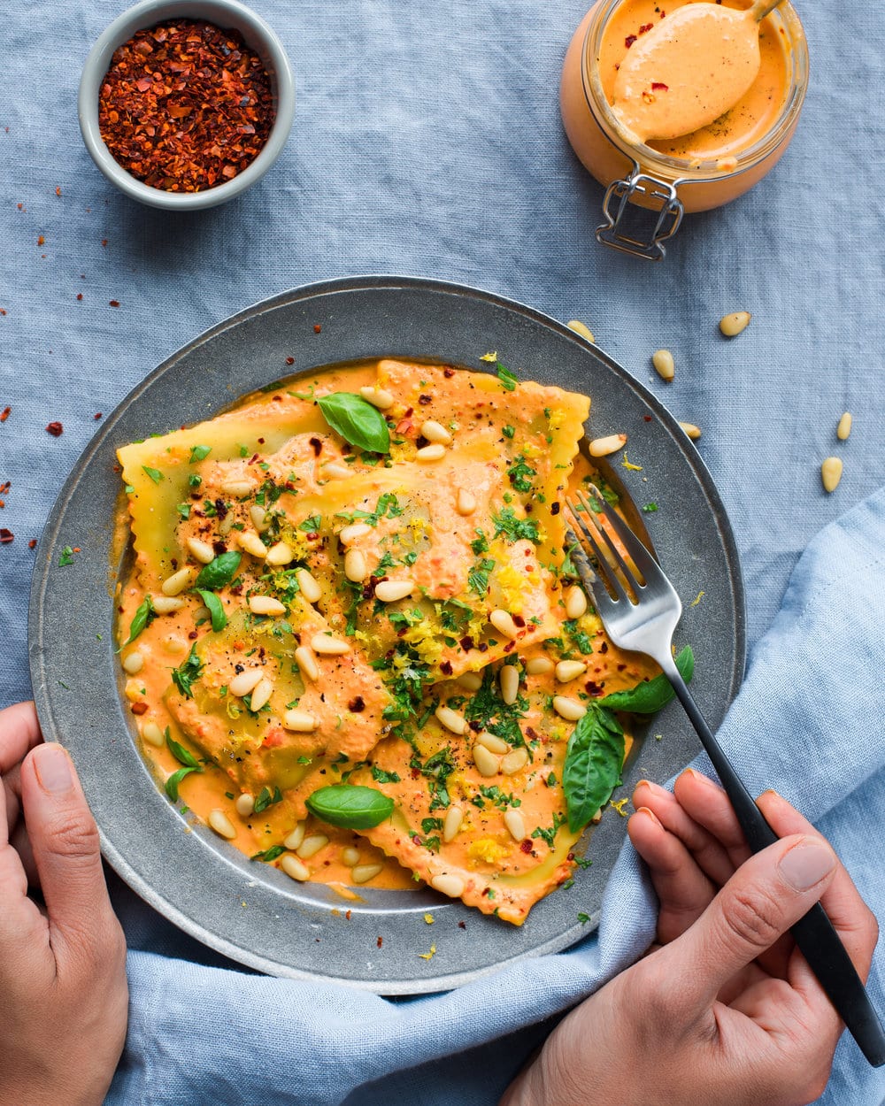 Creamy Roasted Red Pepper Harissa Ravioli (Vegan)