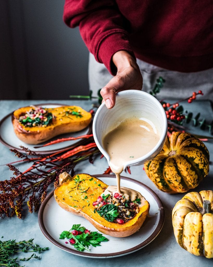 tahini pouring on squash