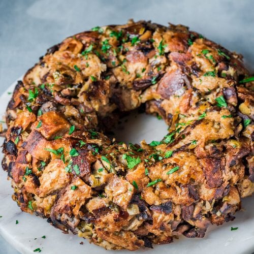 wild mushroom stuffing on a marble serving board.