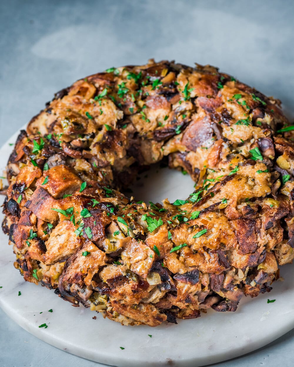 wild mushroom stuffing on a marble serving board.