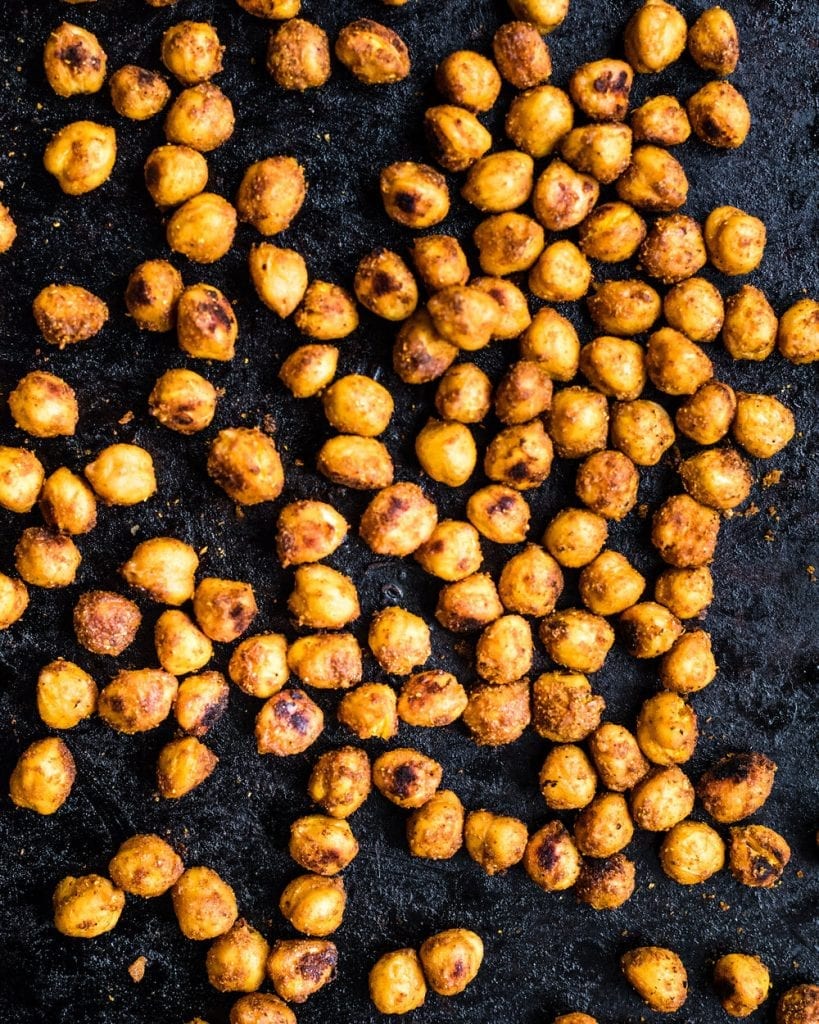 roasted spiced chickpeas on baking sheet