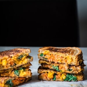 Buffalo Jackfruit Vegan Grilled Cheese on tablle