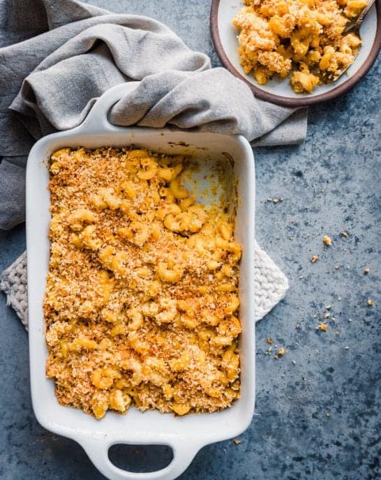 crispy baked vegan mac and cheese in baking pan