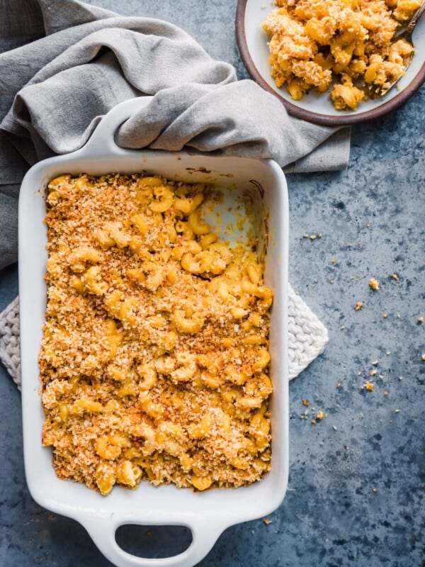 crispy baked vegan mac and cheese in baking pan