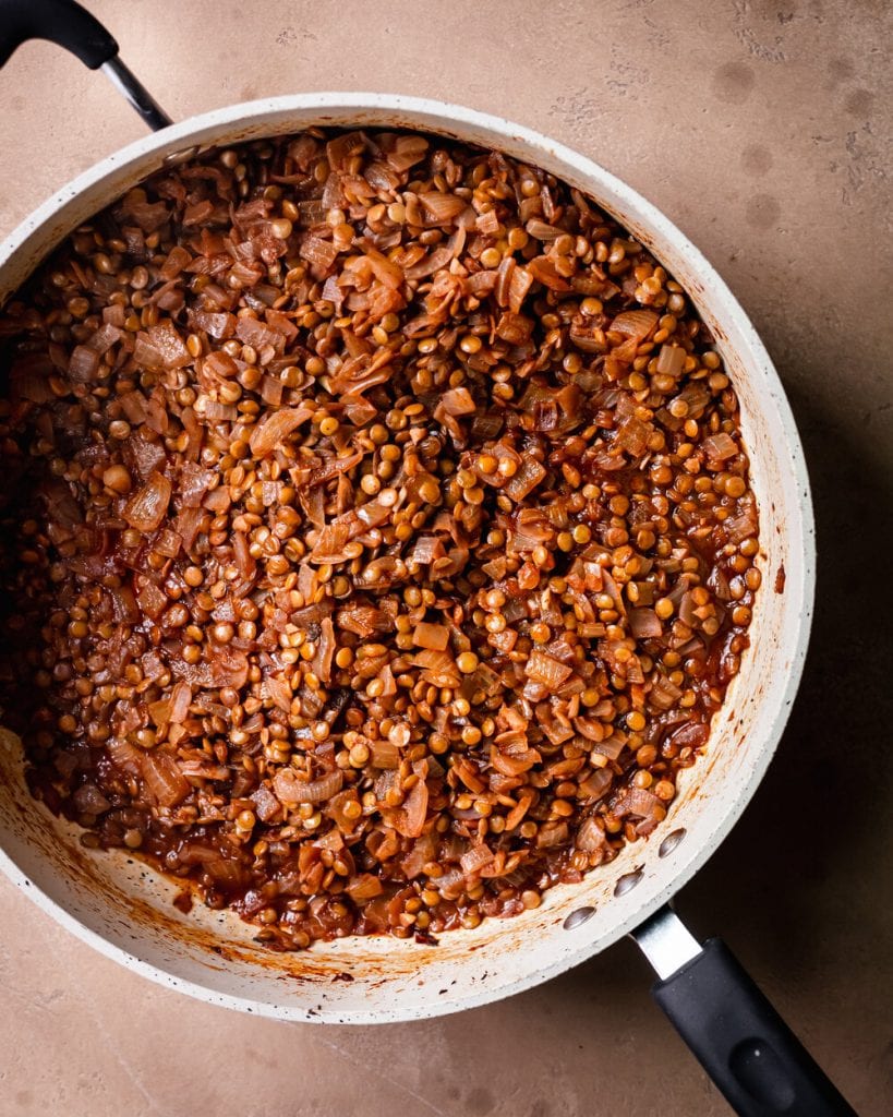 simmered lentils in saute pan