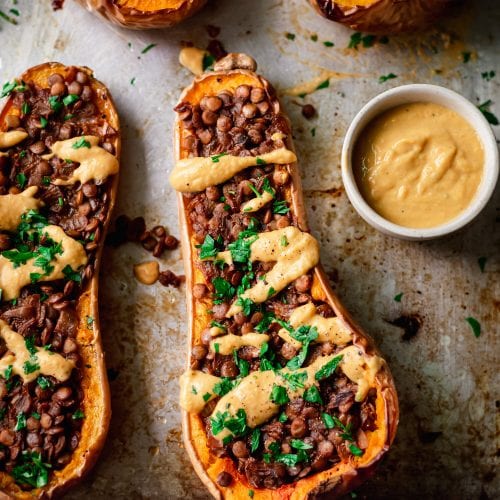 Creamy Lentil Stuffed Butternut Squash