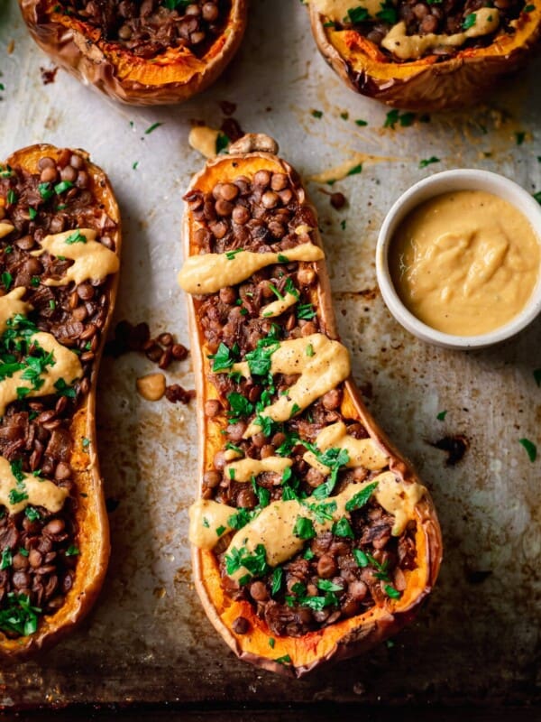 creamy lentil stuffed butternut squash