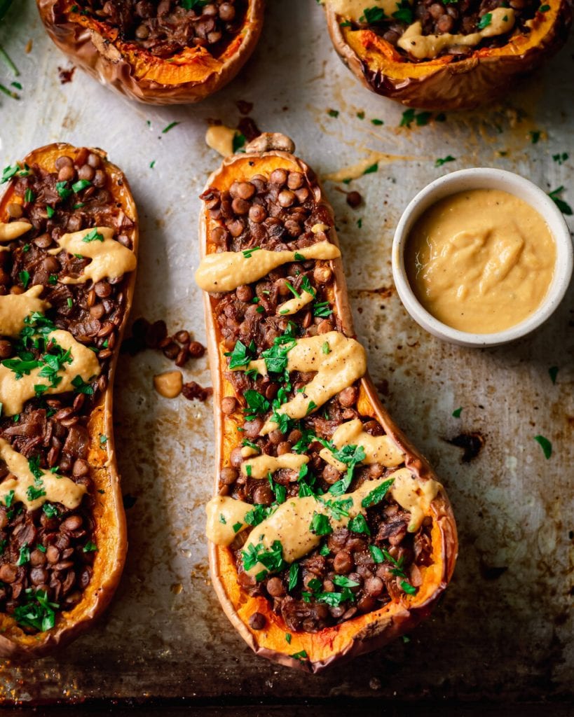 creamy lentil stuffed butternut squash