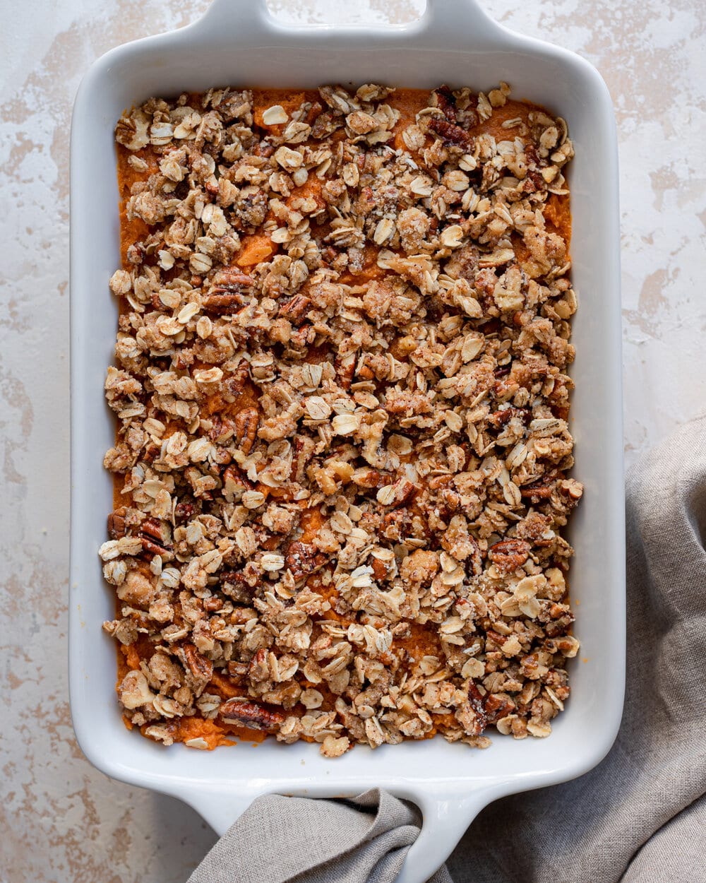 Casserole fully covered by crumble topping.