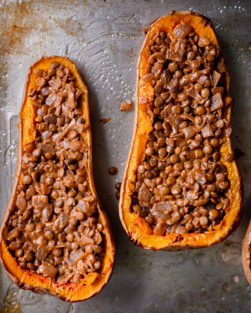 butternut squash halved filled with lentils