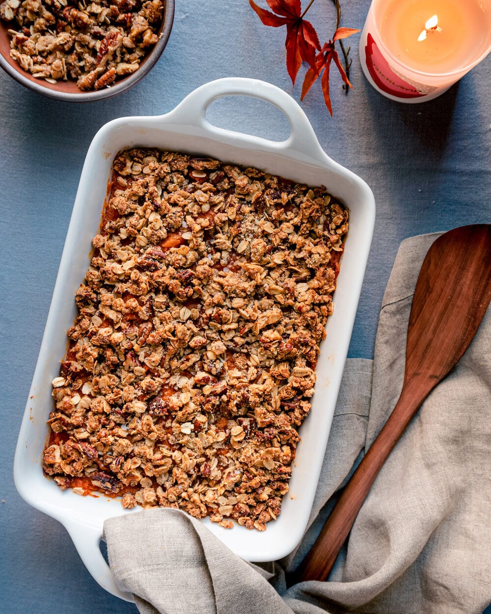 Full casserole dish with finished brown butter sweet potato casserole.