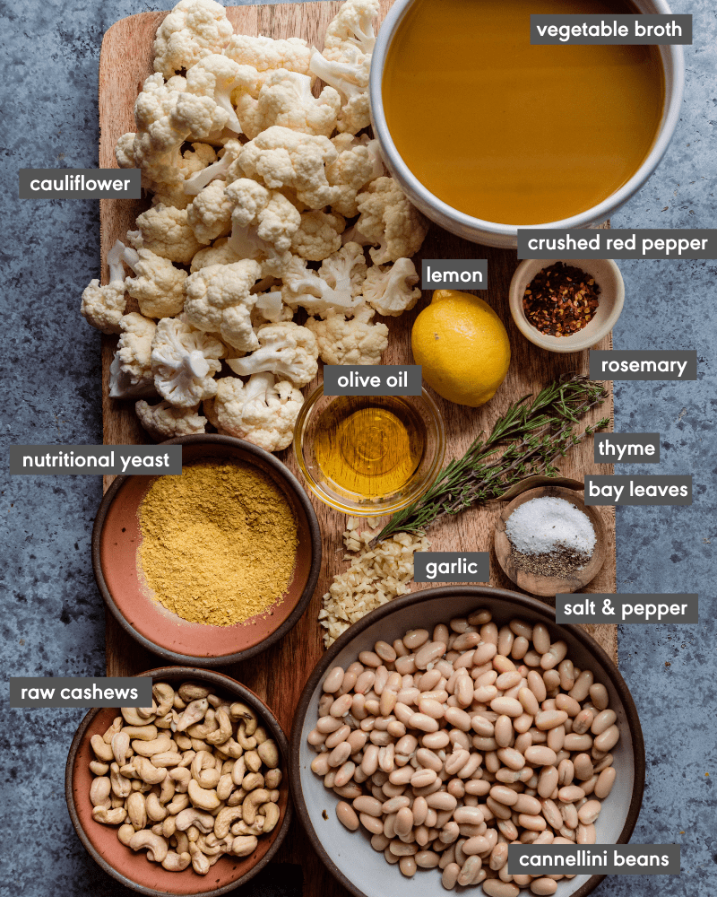 cauliflower soup ingredients on cutting board with text