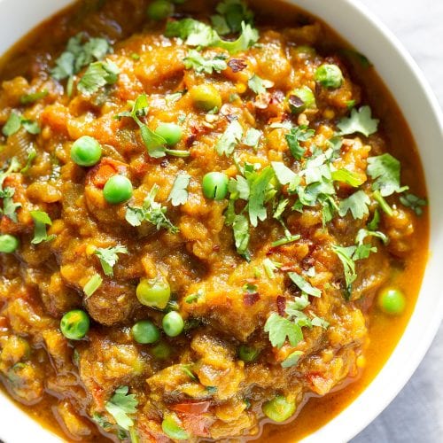 indian spiced eggplant with peas and cilantro