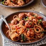 spaghetti and vegan meatballs on a plate