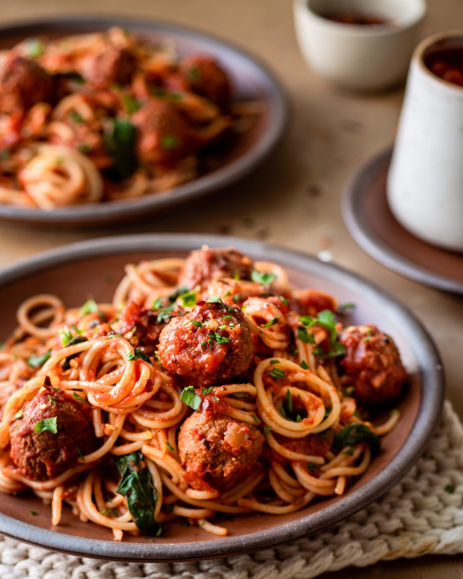 vegan meatballs with spaghetti on plate for veganuary