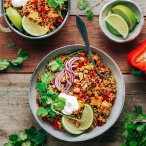 quinoa biryani with tofu cilantro lime and onions