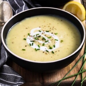 potato leek soup in two bowls