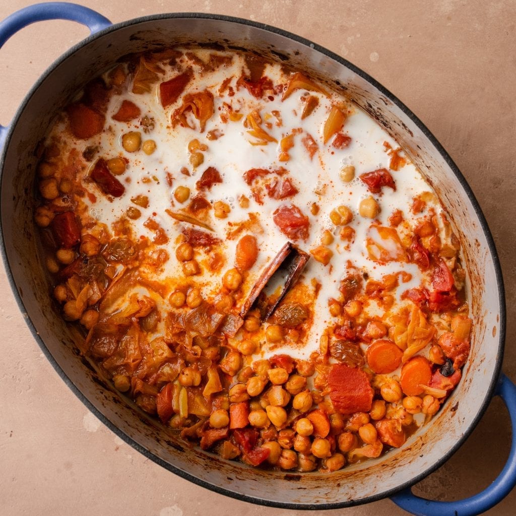 coconut milk in a chickpea tomato stew