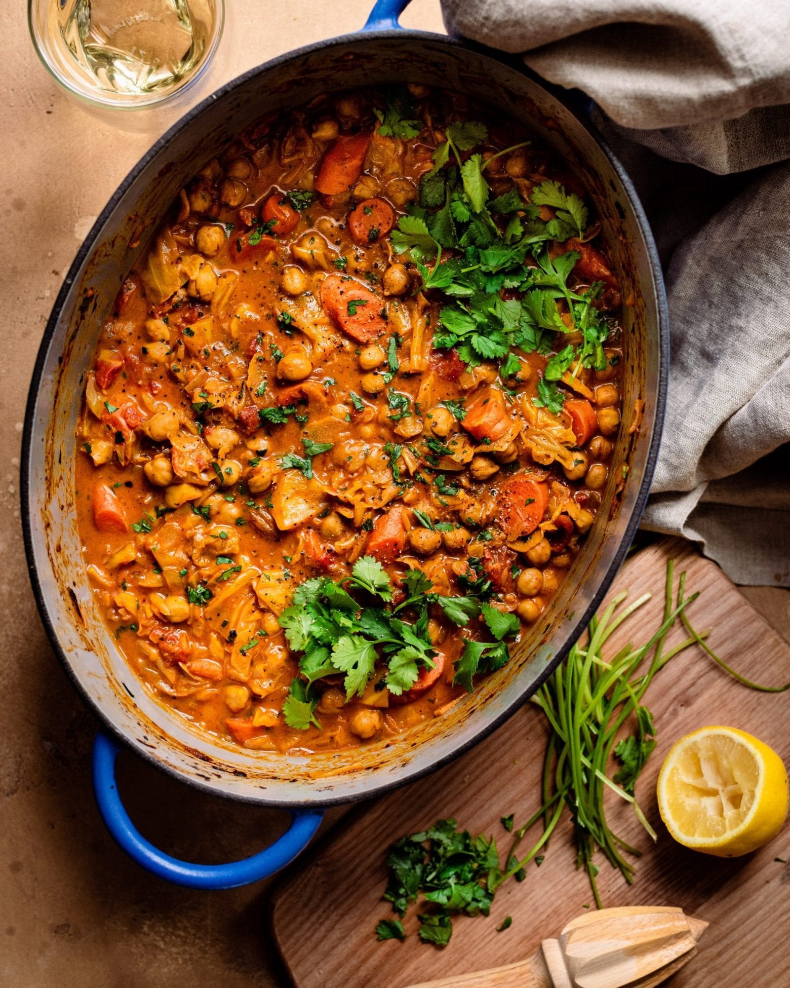braised indian chickpea stew in dutch oven - dinner scene 