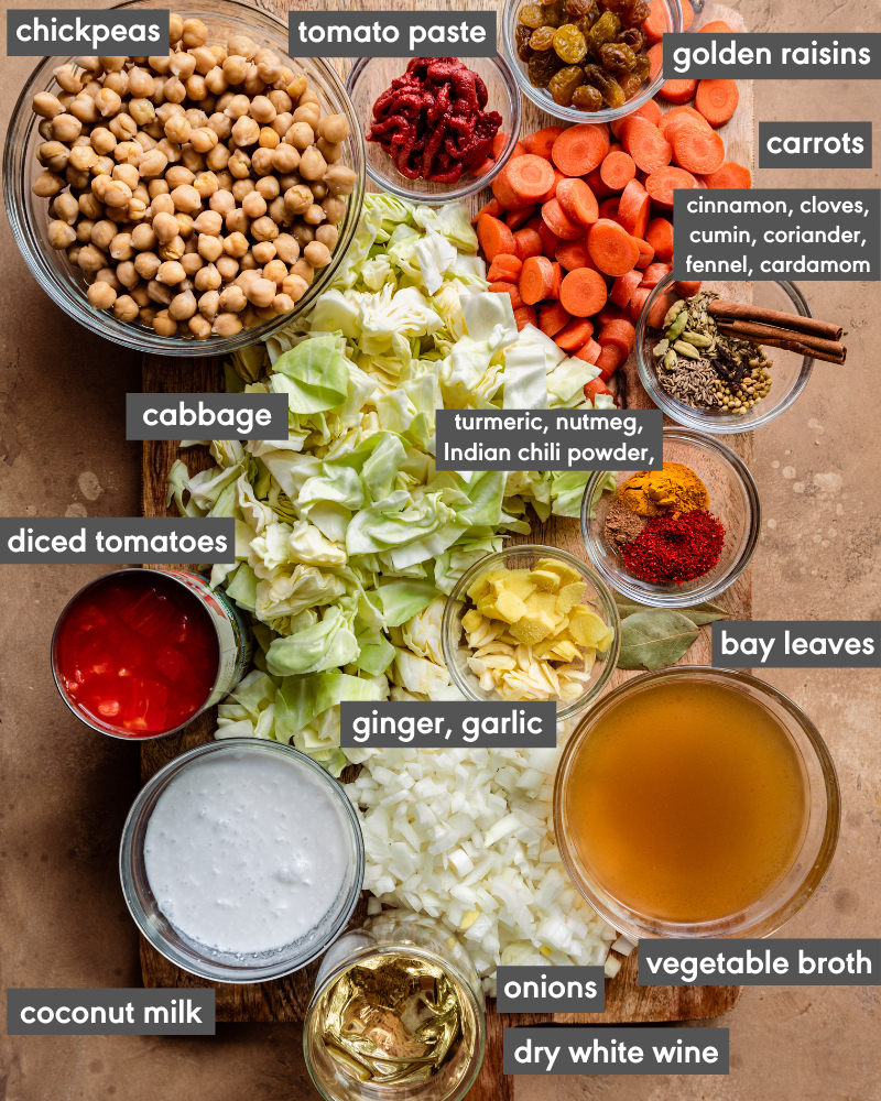 ingredient flatlay of chickpea cabbage stew with text