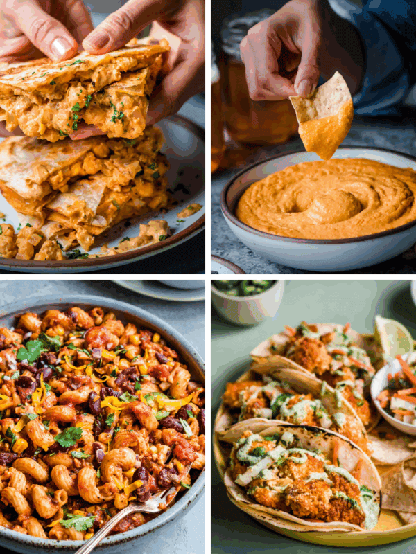 4 photo grid of vegan super bowl recipes
