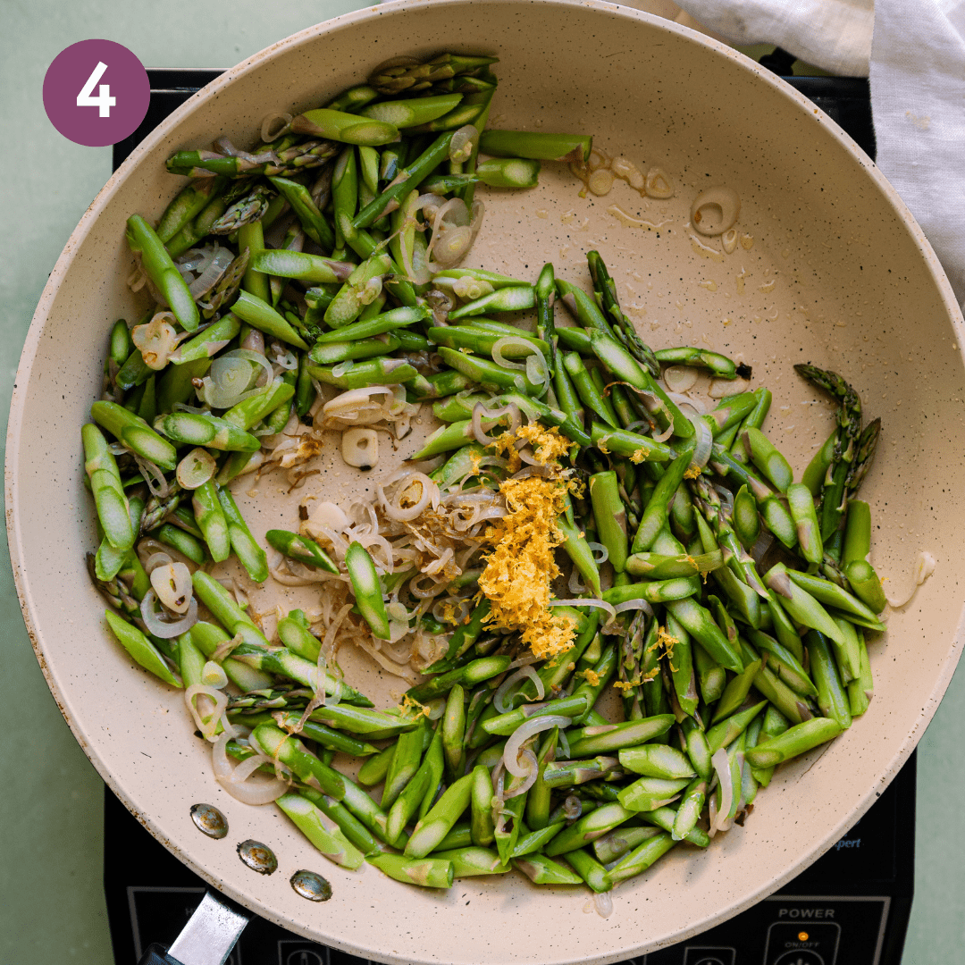  sauteing asparagus, lemon zest,and garlic in olive oil in frying pan.