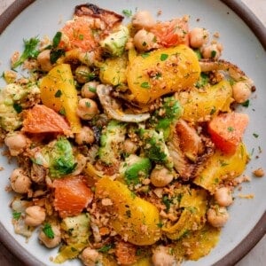 closeup shot of roasted beet and fennel salad with avocado and citrus